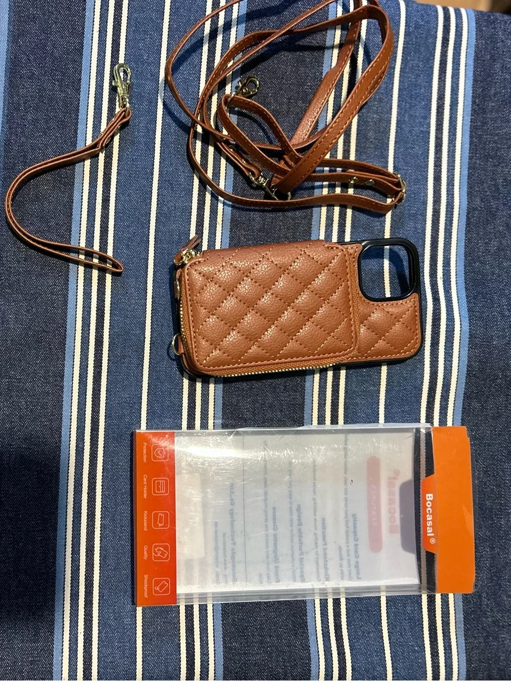 Quilted Brown Leather Crossbody Phone Case with Card Pocket and Detachable Strap